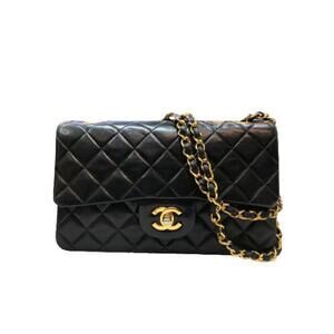 CHANEL Matelasse Double Flap Chain Shoulder Bag Black Lambskin